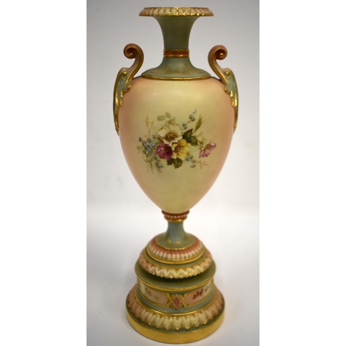 273 - Royal Worcester blush ivory vase shape 1969 on a rare pedestal base enamelled with flowers, date mar... 