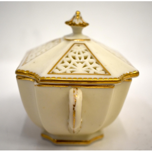 275 - Late 19th century Grainger & Co. two handled reticulated box and cover, printed shield mark to base ... 