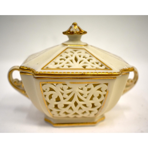 275 - Late 19th century Grainger & Co. two handled reticulated box and cover, printed shield mark to base ... 