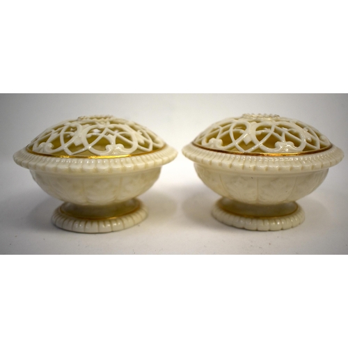 276 - Late 19th century Grainger & Co. pair of reticulated pot pourri vases, printed shield mark to one ba... 