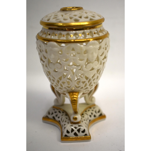 278 - Late 19th century Grainger & Co. reticulated pot pourri vase and cover of egg shape, pattern number ... 