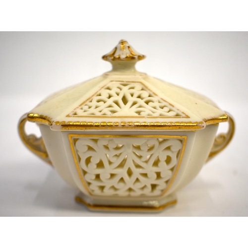 279 - Late 19th century Grainger & Co. two handled reticulated box and cover, printed shield mark to base ... 