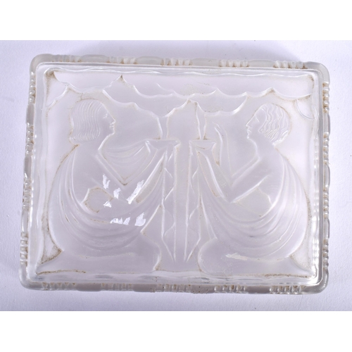 28 - AN ART DECO FRENCH COSTEBELLE OPALINE GLASS BOX AND COVER decorative with stylised figures. 12 cm x ... 
