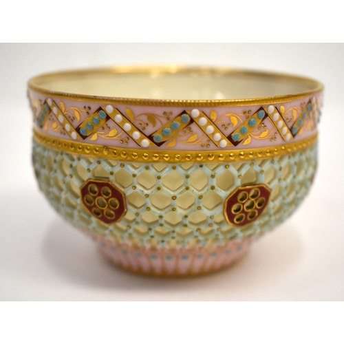 280 - Late 19th century Royal Worcester double walled reticulated tea cup with jewelled rim and foot rim p... 