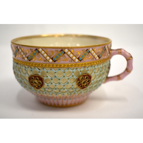 280 - Late 19th century Royal Worcester double walled reticulated tea cup with jewelled rim and foot rim p... 