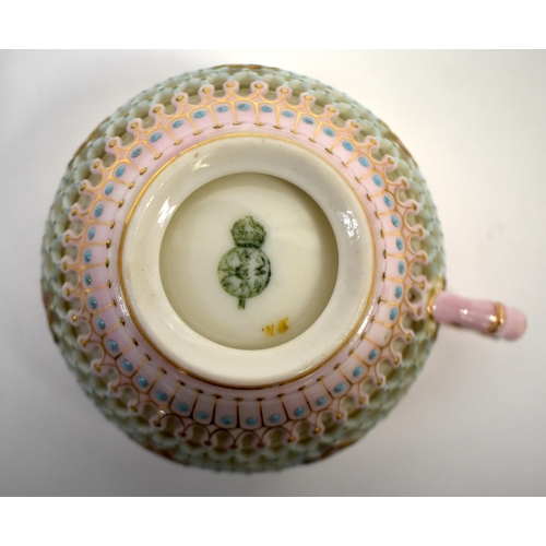 280 - Late 19th century Royal Worcester double walled reticulated tea cup with jewelled rim and foot rim p... 