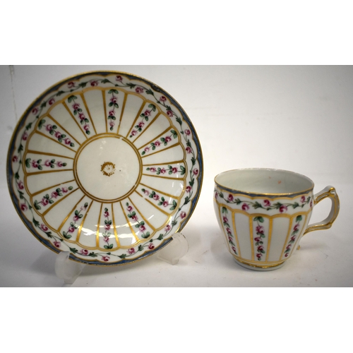 283 - 18th century Bristol coffee cup and saucer painted with rose chains in gilt panels, X in blue; 5. in... 