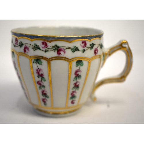 283 - 18th century Bristol coffee cup and saucer painted with rose chains in gilt panels, X in blue; 5. in... 