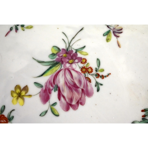 287 - 18th century Bristol canted square dish lavishly painted with flowers under a puce and blue entwined... 