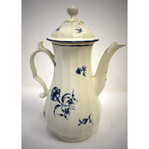 289 - 18th century Worcester rare Warmstry fluted coffee pot and cover painted with the Gillyflower patter... 