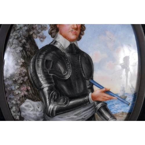 300 - A FINE 18TH/19TH CENTURY ENGLISH ENAMELLED PLAQUE OF A MALE modelled in armour, standing before boat... 