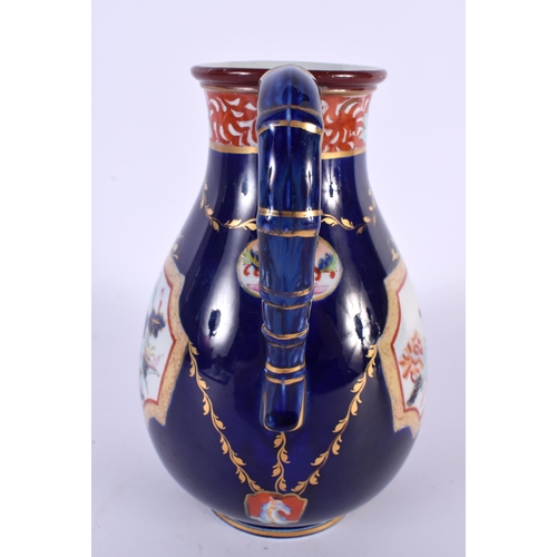 303 - A RARE ANTIQUE MASONS IRONSTONE HOT WATER JUG printed and painted with flowers upon a rich blue grou... 