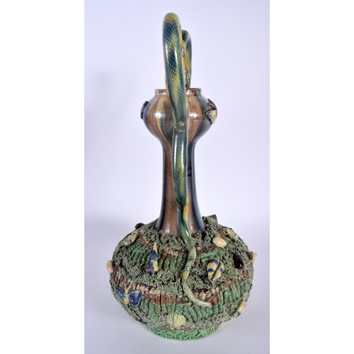 32 - AN UNUSUAL 19TH CENTURY PORTUGUESE MAJOLICA SERPENT VASE Maffra or Palissy. 29 cm high.