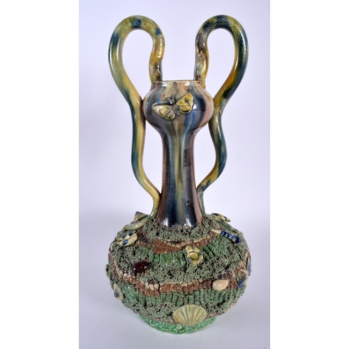 32 - AN UNUSUAL 19TH CENTURY PORTUGUESE MAJOLICA SERPENT VASE Maffra or Palissy. 29 cm high.