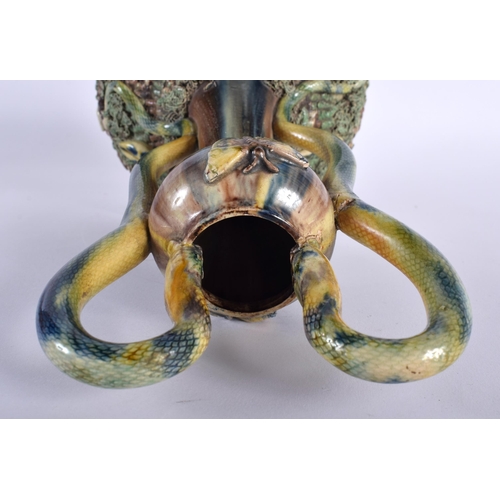 32 - AN UNUSUAL 19TH CENTURY PORTUGUESE MAJOLICA SERPENT VASE Maffra or Palissy. 29 cm high.