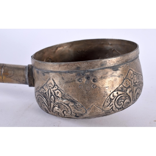 326 - THREE 19TH CENTURY INDIAN MIDDLE EASTERN SILVER LADLES decorative with motifs and foliage. 370 grams... 