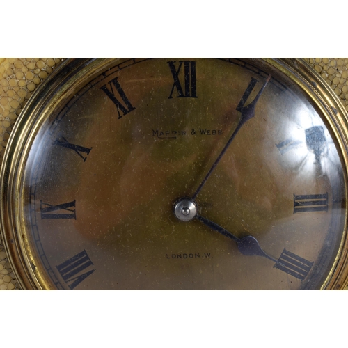 335 - A LOVELY ART DECO ENGLISH MAPPIN & WEBB HUMP BACK SHAGREEN MANTEL CLOCK with circular brass dial. 22... 