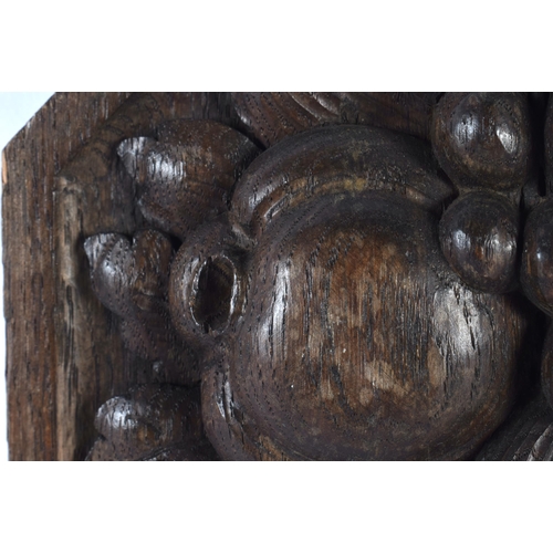 336 - AN ARTS AND CRAFTS CARVED OAK FRUITING POD PLAQUE. 20cm wide.