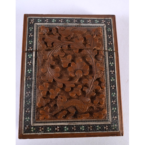 346 - A 19TH CENTURY ANGLO INDIAN CARVED SANDALWOOD MICRO MOSAIC CARD CASE AND COVER. 86 grams. 10.5 cm x ... 