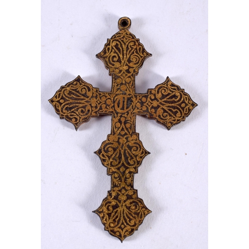 347 - A RARE 18TH/19TH CENTURY MIDDLE EASTERN GOLD INLAID IRON COPTIC CROSS Indian or Ottoman. 35 grams. 8... 