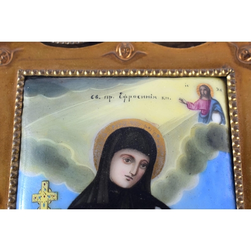 349 - AN ANTIQUE RUSSIAN PORCELAIN GILT METAL MOUNTED ICON PLAQUE painted with a saint. 117 grams. 11cm x ... 