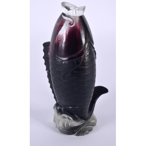 356 - A RARE 19TH CENTURY CHINESE PEKING GLASS CARP VASE SNUFF BOTTLE Qing, modelled leaping from the wate... 