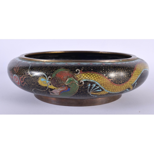 365 - A LARGE 19TH CENTURY CHINESE CLOISONNE ENAMEL DRAGON CENSER Qing, modelled amongst clouds upon a bla... 