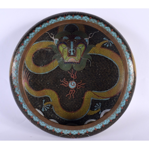 365 - A LARGE 19TH CENTURY CHINESE CLOISONNE ENAMEL DRAGON CENSER Qing, modelled amongst clouds upon a bla... 