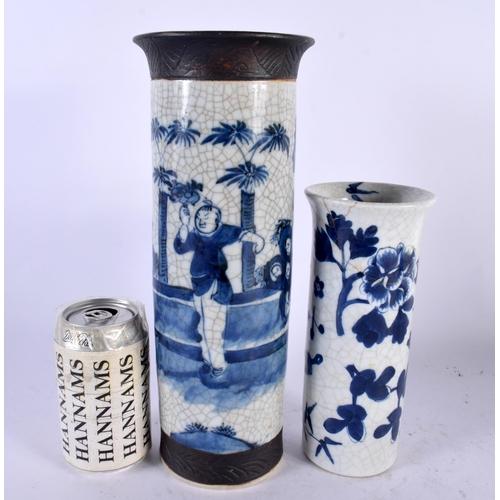 370 - A LARGE 19TH CENTURY CHINESE CRACKLE GLAZED BLUE AND WHITE VASE Qing, together with a similar smalle... 