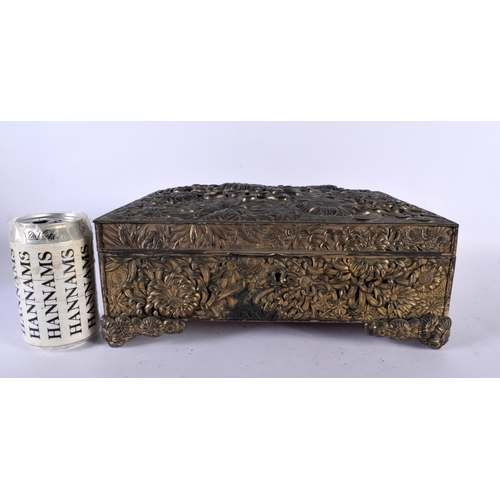 376 - AN UNUSUALLY LARGE 19TH CENTURY JAPANESE MEIJI PERIOD EMBOSSED MIXED METAL CASKET decorative with bo... 