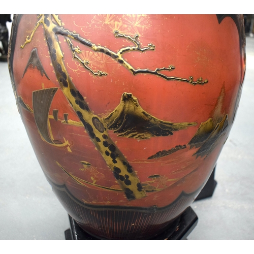 384 - A VERY LARGE 19TH CENTURY JAPANESE MEIJI PERIOD COUNTRY HOUSE LACQUER PORCELAIN VASE overlaid with d... 