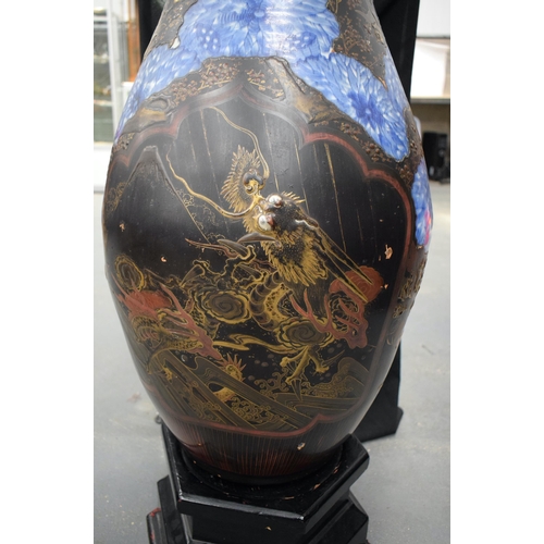 384 - A VERY LARGE 19TH CENTURY JAPANESE MEIJI PERIOD COUNTRY HOUSE LACQUER PORCELAIN VASE overlaid with d... 