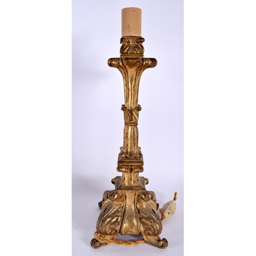 390 - AN 18TH/19TH CENTURY CONTINENTAL COUNTRY HOUSE GILTWOOD LAMP together with an Ostrich egg on elephan... 