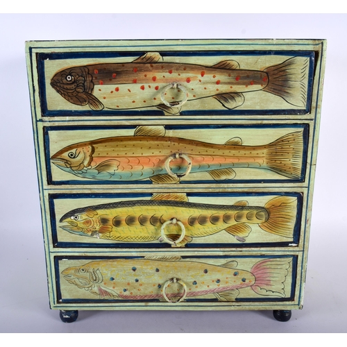 393 - A CHARMING FOLK ART CARVED AND PAINTED HUNTING LODGE MINIATURE CHEST painted with salmon and trout. ... 