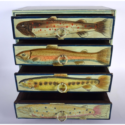 393 - A CHARMING FOLK ART CARVED AND PAINTED HUNTING LODGE MINIATURE CHEST painted with salmon and trout. ... 