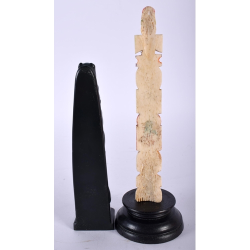 396 - AN EARLY 20TH CENTURY NORTH AMERICAN INUIT CARVED BONE TOTEM POLE together with another. Largest 16 ... 