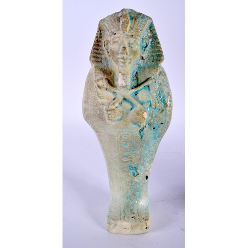 397 - AN EGYPTIAN FAIENCE GLAZED USHABTI FIGURE OF A PHARAOH together with a painted Egyptian fragment. La... 