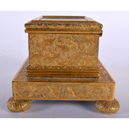 403 - A FINE MID 19TH CENTURY FRENCH GILT BRONZE AND MALACHITE BOX decorative all over with foliage and vi... 