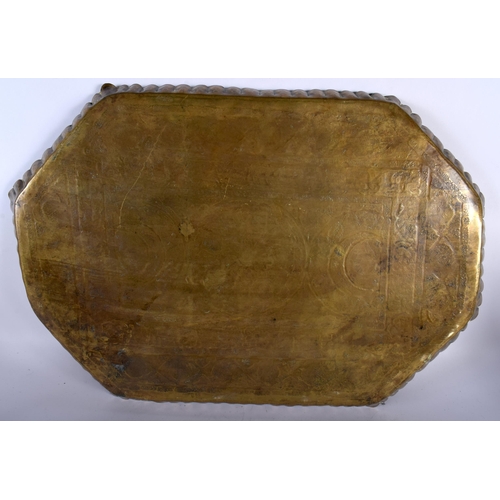 410 - A LARGE ANTIQUE MIDDLE EASTERN ISLAMIC PERSIAN BRASS CALLIGRAPHY TRAY together with a similar circul... 