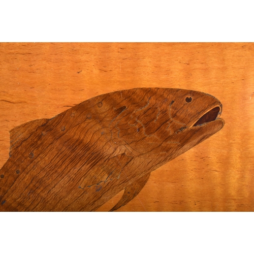 426 - AN ART DECO MARQUETRY WOOD FLY FISHING TROUT PANEL. 66 cm x 42 cm.