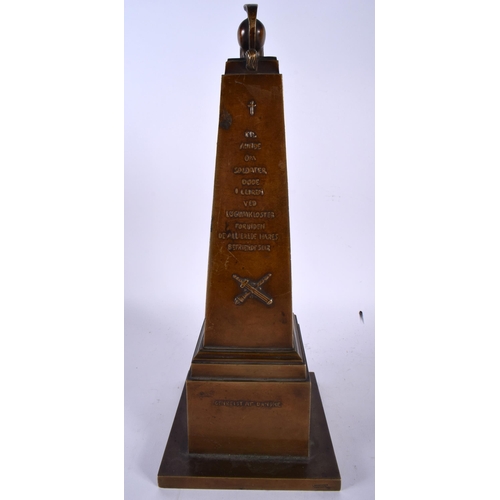 428 - A LARGE ANTIQUE DANISH BRONZE MILITARY GRAND TOUR OBELISK signed L Rasmussen Copenhagen. 34 cm high.