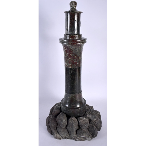 432 - A VERY LARGE CORNISH CARVED SERPENTINE STONE LIGHTHOUSE HYGROMETER. 60 cm high.