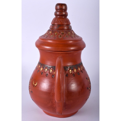 447 - A TURKISH TOPHANE POTTERY COFFEE POT AND COVER painted with gilt motifs. 18 cm x 13 cm.