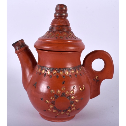 447 - A TURKISH TOPHANE POTTERY COFFEE POT AND COVER painted with gilt motifs. 18 cm x 13 cm.