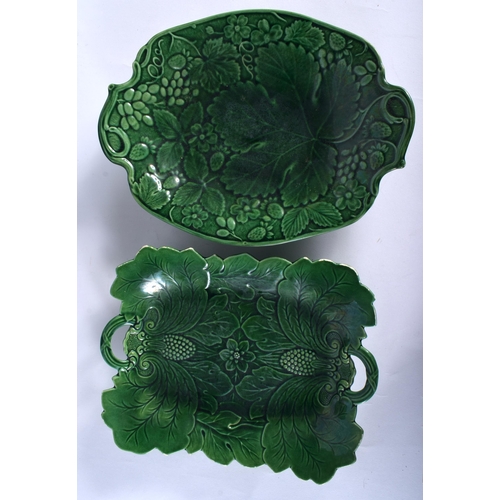 46 - A COLLECTION OF SEVEN VARIOUS 19TH CENTURY ENGLISH GREEN CABBAGE WARE TYPE WAES. Largest 23 cm wide.... 