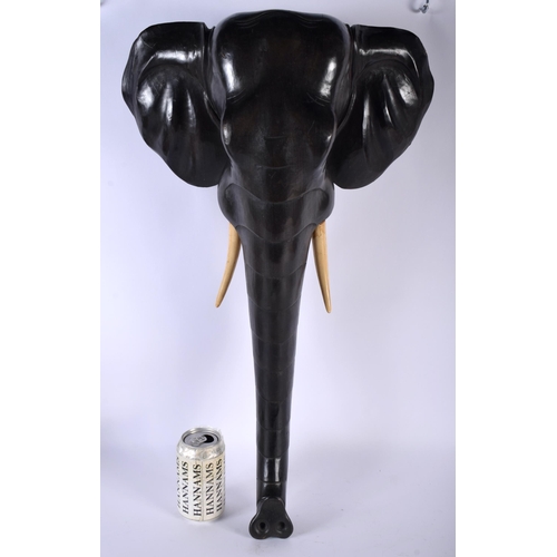 464 - A LARGE 19TH CENTURY COUNTRY HOUSE CARVED WOOD ELEPHANT WALL HANGING CANDLESTICKS with LACQUER trunk... 