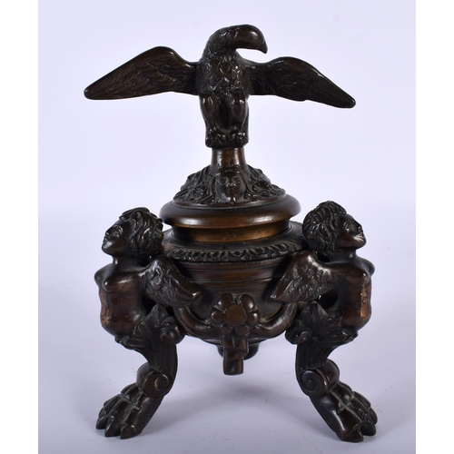 466 - A 19TH CENTURY ITALIAN GRAND TOUR BRONZE INKWELL AND COVER formed with winged figures upon claw feet... 