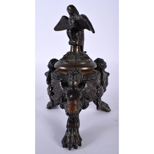 466 - A 19TH CENTURY ITALIAN GRAND TOUR BRONZE INKWELL AND COVER formed with winged figures upon claw feet... 