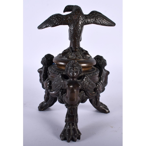 466 - A 19TH CENTURY ITALIAN GRAND TOUR BRONZE INKWELL AND COVER formed with winged figures upon claw feet... 