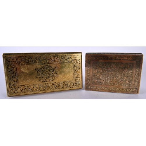 472 - A 19TH CENTURY INDIAN BRASS AND BLACK ENAMEL RECTANGULAR TABLE BOX together with a similar smaller b... 